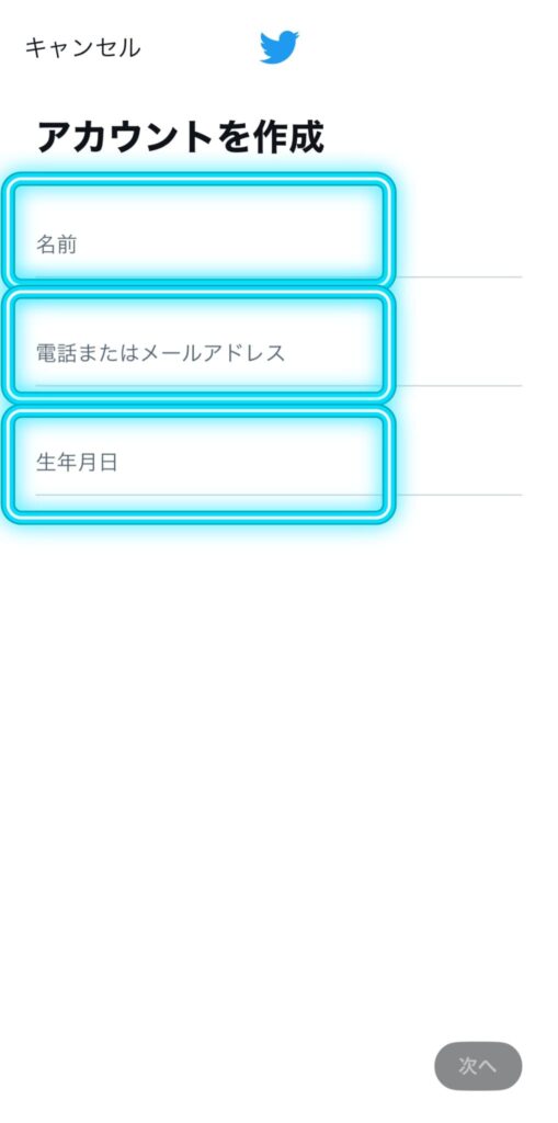 Twitterのアカウント作成画面。名前、電話またはメールアドレス、生年月日を入力し、次へをタップ。