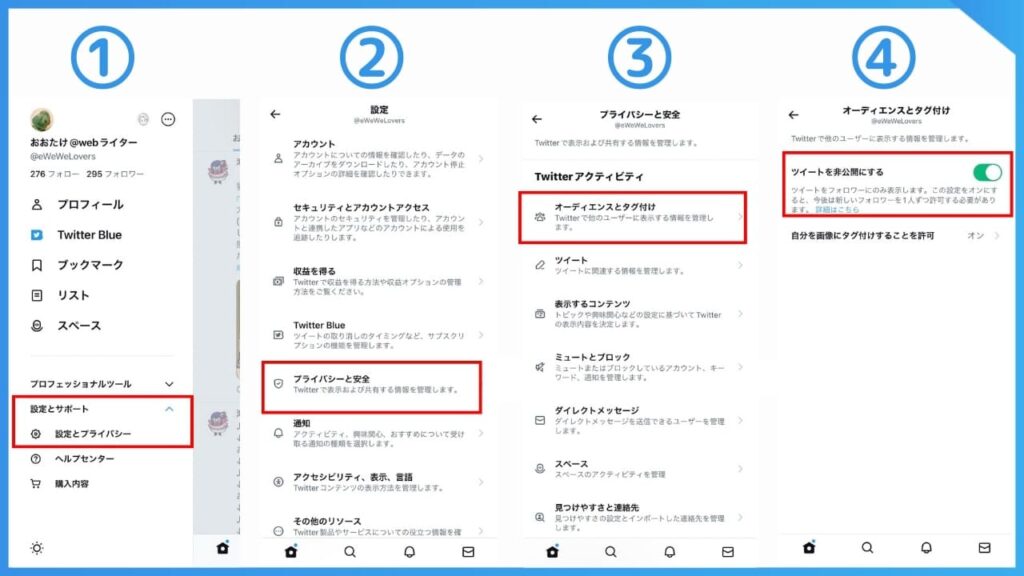 X（旧Twitter）を鍵アカウントにする設定方法。
プライバシーと安全→オーディエンスとタグ付け→ツイートを非公開にする