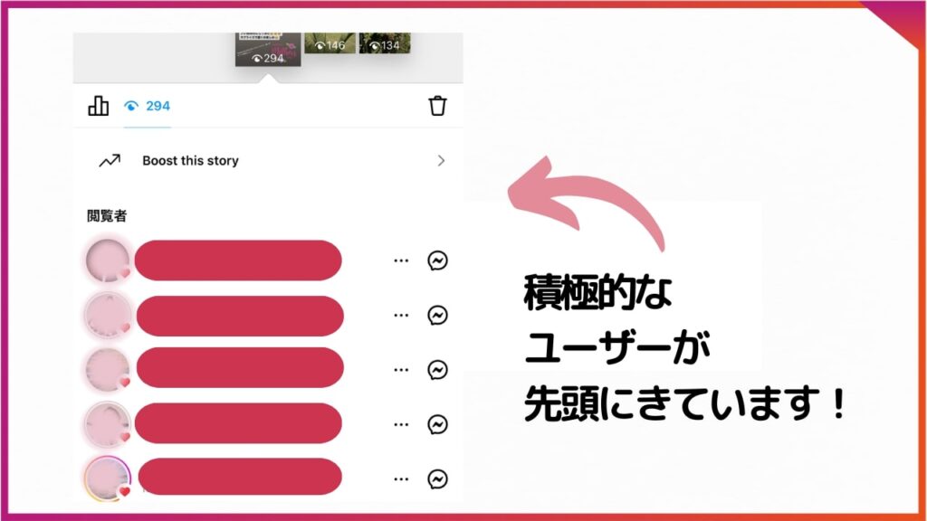 Instagramのストーリー欄。高頻度で反応しているフォロワーが上位に表示される。