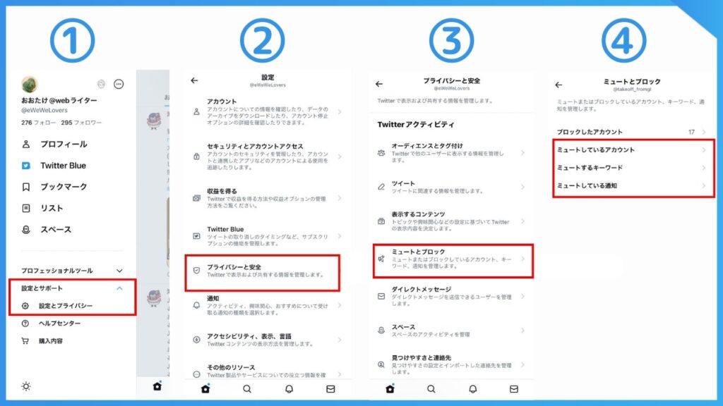 X（旧Twitter）で見たくない人をミュートする方法。
設定とプライバシー→プライベートと安全→ミュートとブロック→ミュートしたアカウントが確認できる。