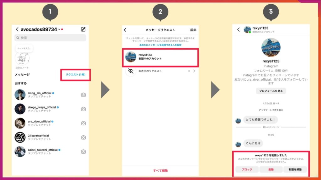 Instagramのアカウント制限について。アカウント制限後に届くＤＭはメッセージリクエストに格納される。メッセージより、リクエストをタップすると確認できる。