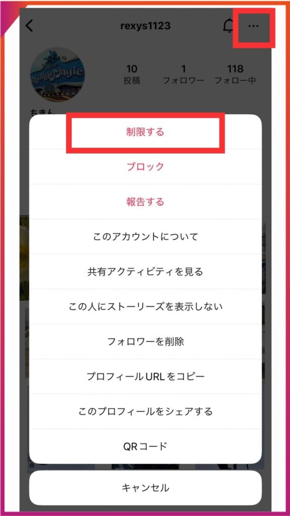 Instagramのアカウント制限について。相手のプロフィールからの制限方法。
相手のプロフィールの…をタップし、制限するを選択する。