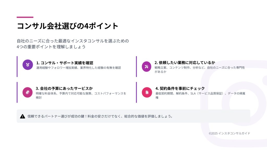 インスタのコンサル会社を選ぶ際の4つのポイント