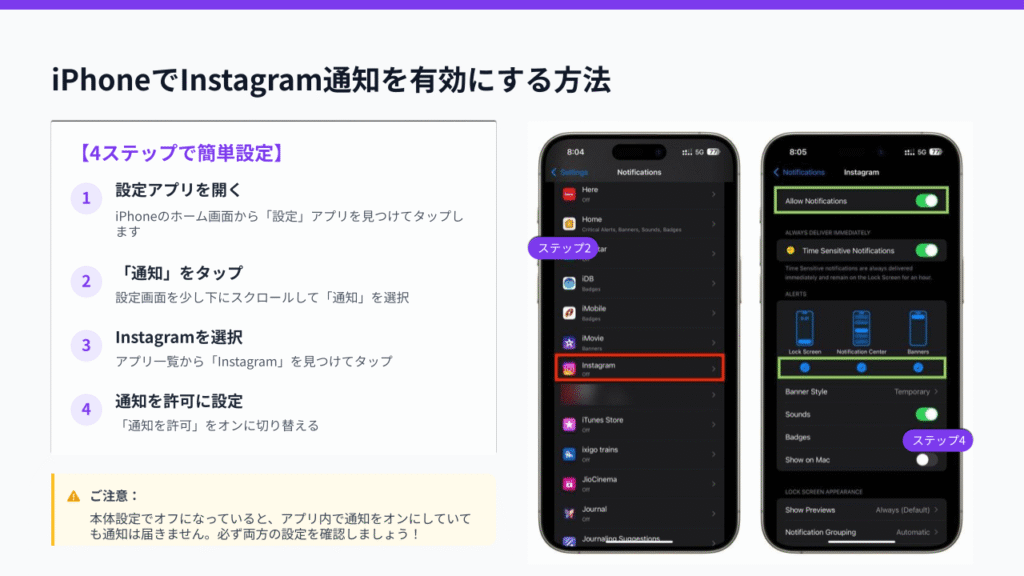 iPhone｜Instagramアプリ自体の通知設定を確認する方法