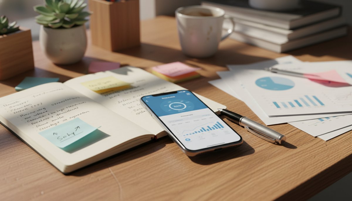 SNSマーケティング戦略を立てる様子とスマートフォン画面