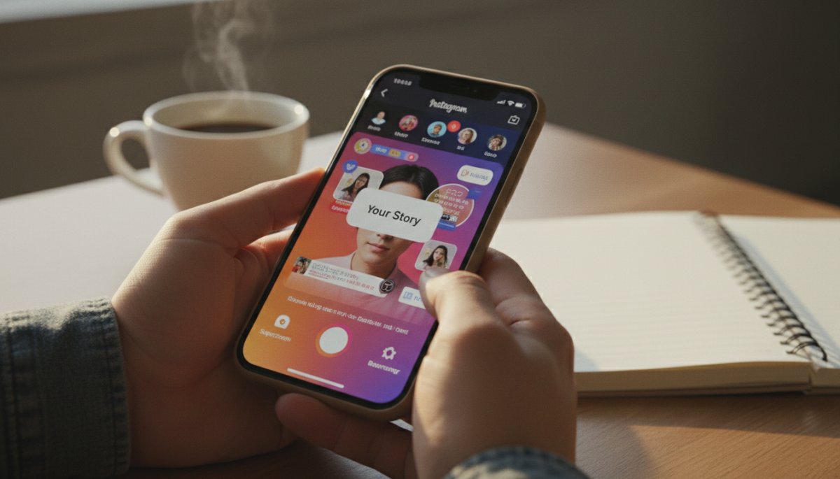インスタストーリー投稿画面とスマートフォン操作イメージ