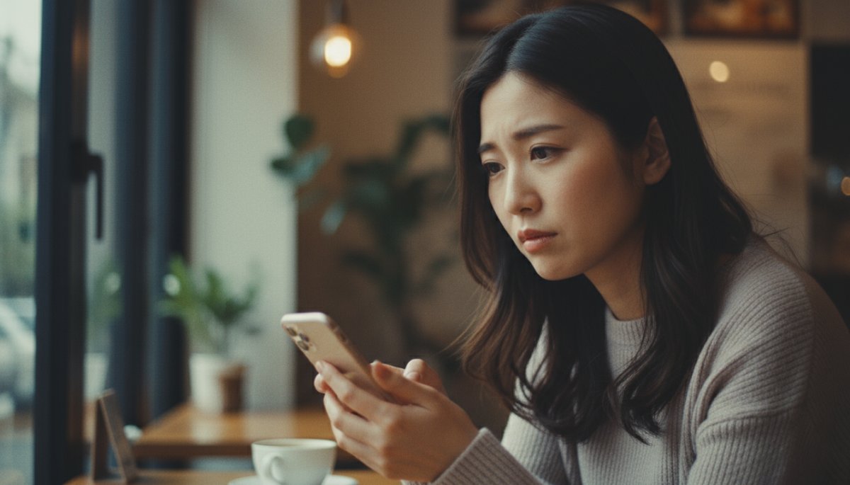 スマホを見て悩む日本人女性とSNSストレスのイメージ