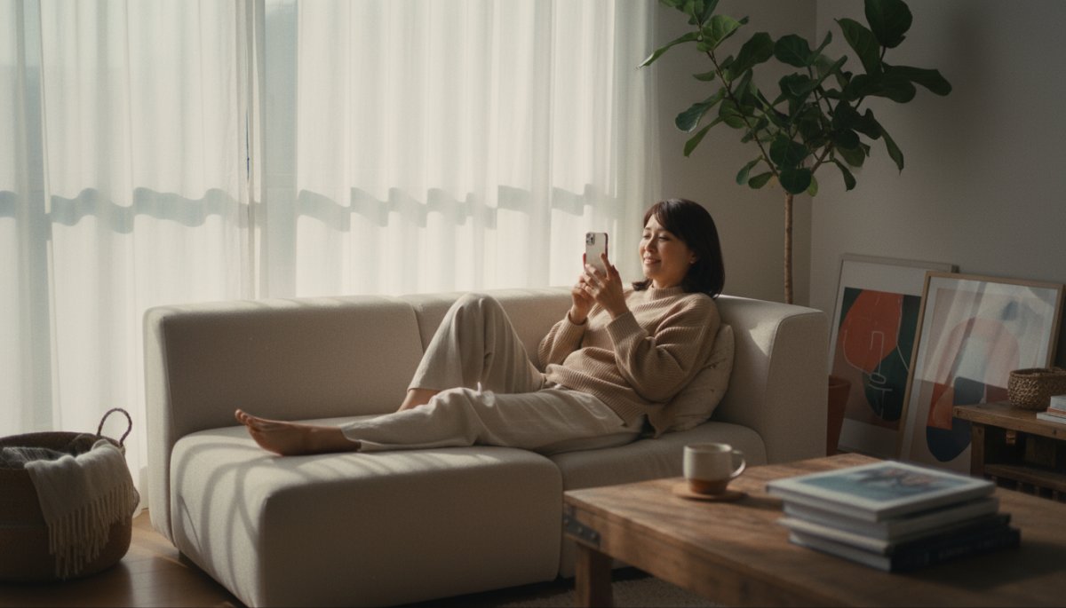 自由にスマホを楽しむ日本人女性のリラックスした表情