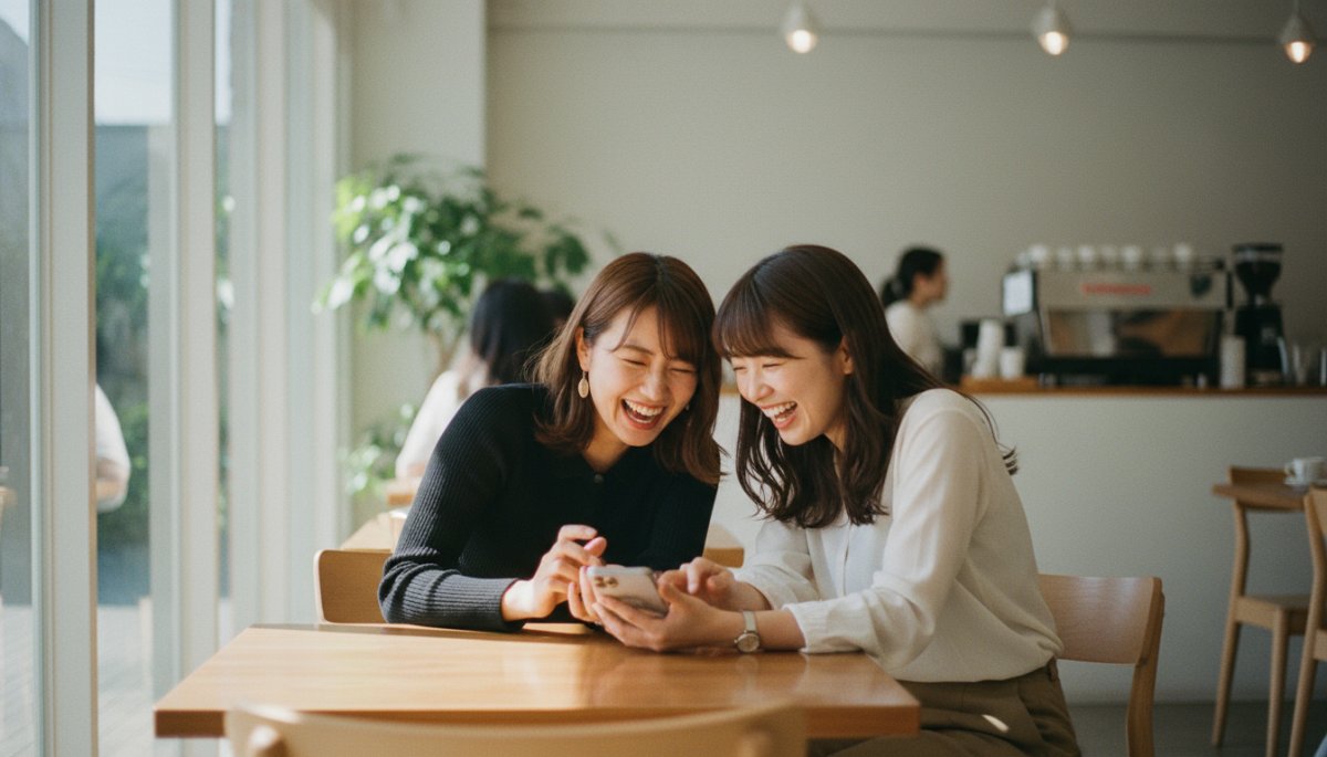 カフェでスマホを使いながら楽しそうに会話する日本人女性たち
