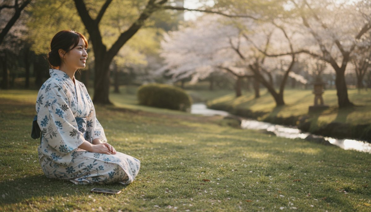 自然の中でスマホを置いてリラックスする日本人女性