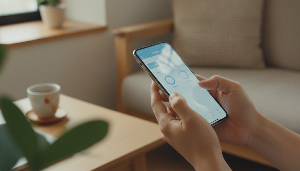 スマートフォンでアプリのアップデート画面を確認する様子