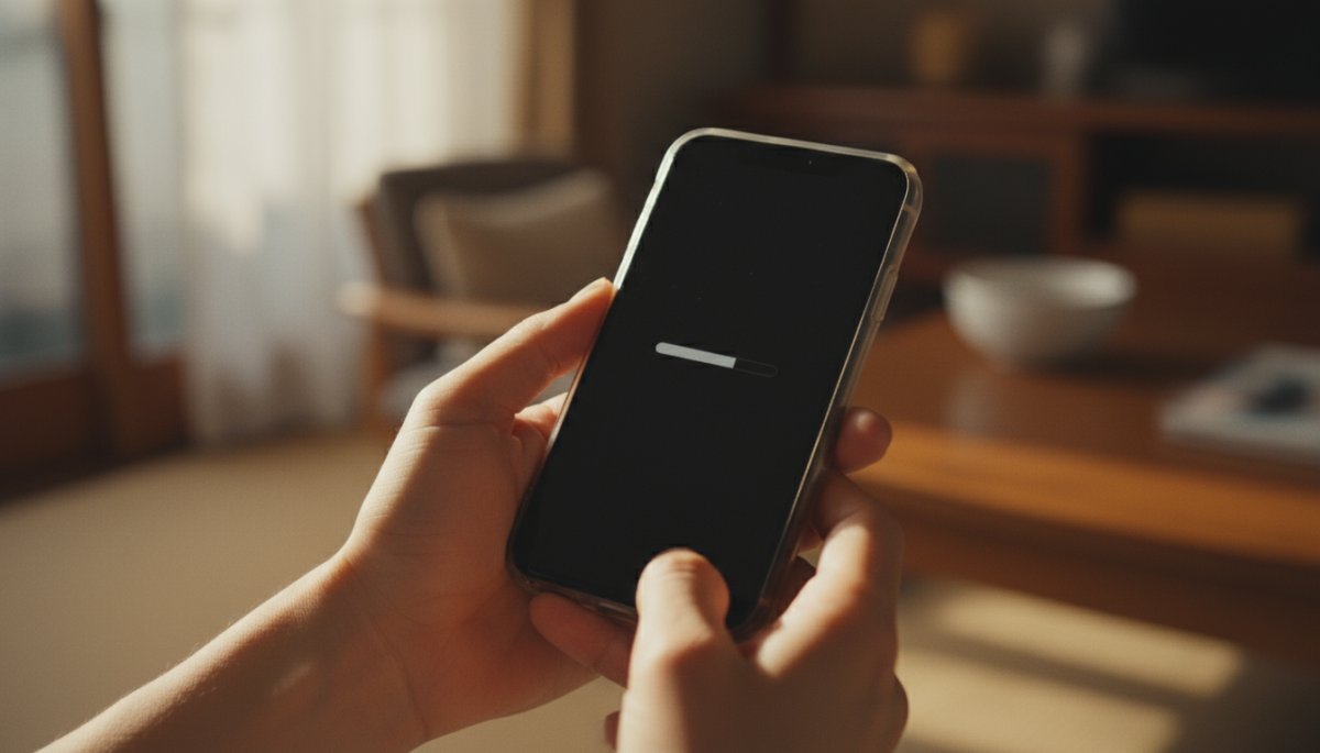 スマートフォンを再起動する手元の様子