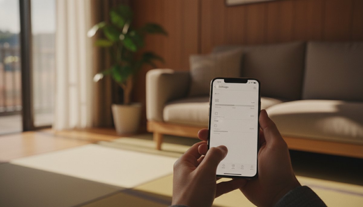 スマートフォンのストレージ設定画面を確認する様子