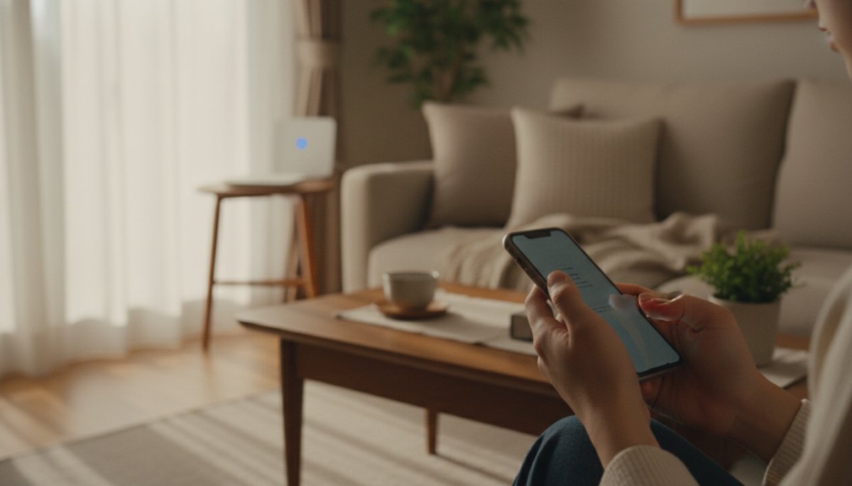 安定したWi-Fi環境でスマートフォンを操作する様子